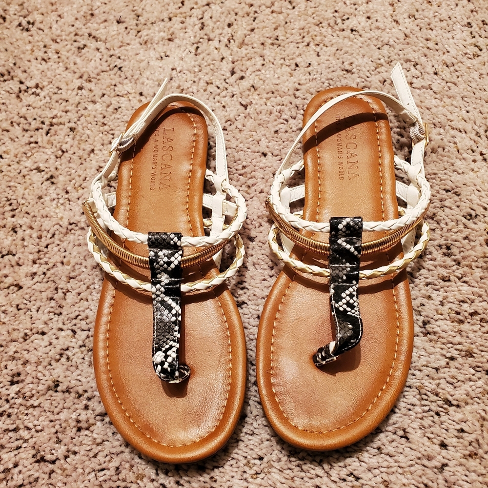 White and gold flat Sandals with Snake Print Strap